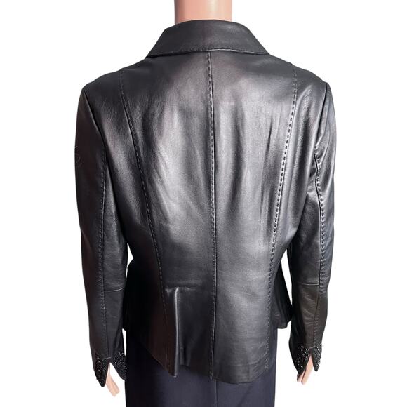 Talk of The Walk Black Leather Jacket M Beaded Luxe Glam Preppy Old Money Y2K - Picture 3 of 8